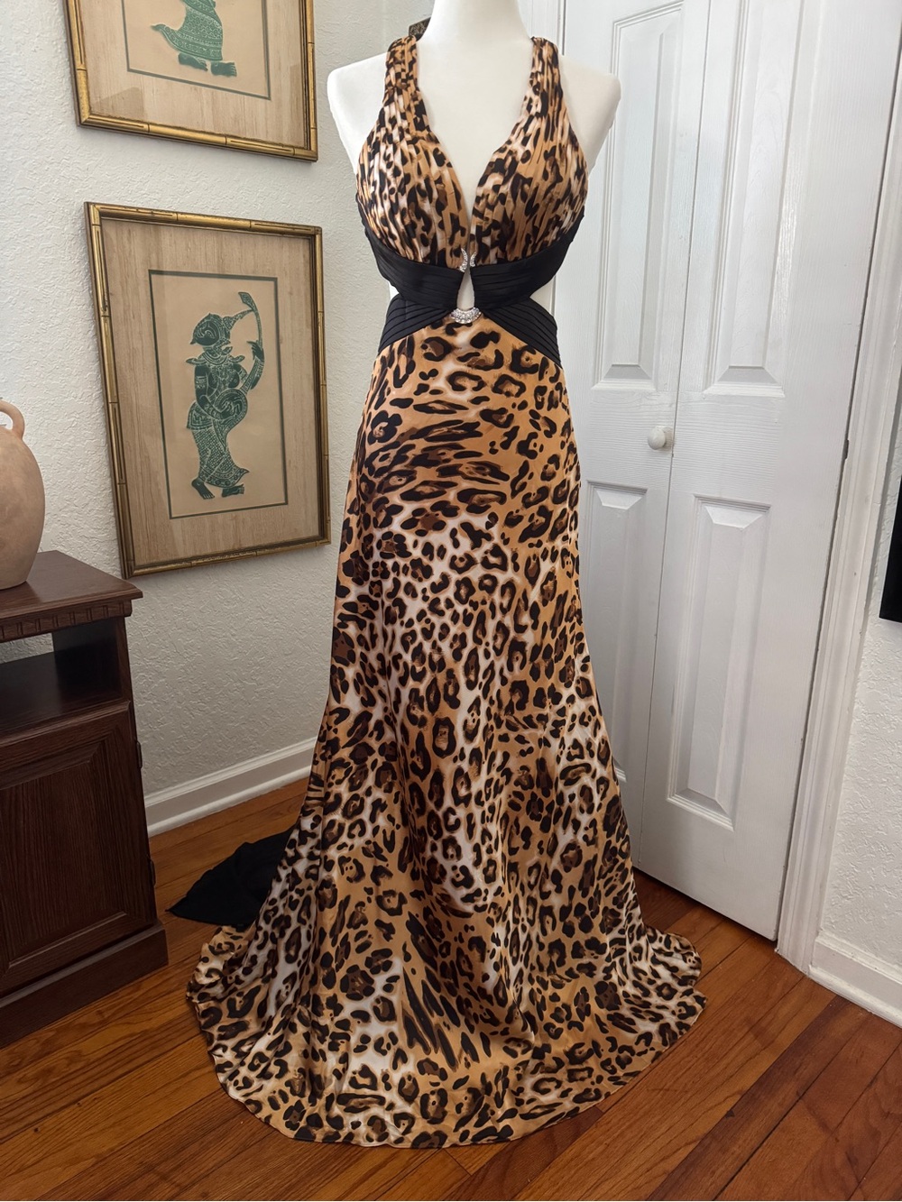 Cache Leopard Print Cutout Rhinestone Evening Gown Dress sz 4